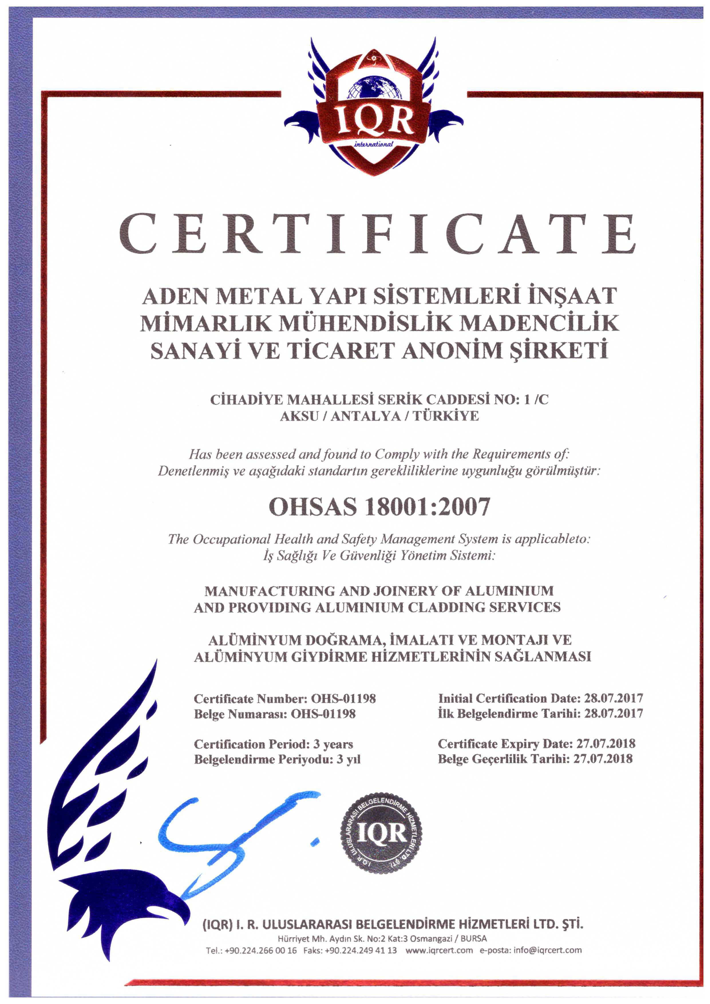 ISO 18001 Certificate